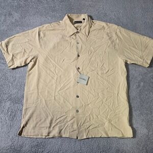 Anthology Mens L Button Down Shirt Macadamia Tan 100% Silk Textured HA-4163TM